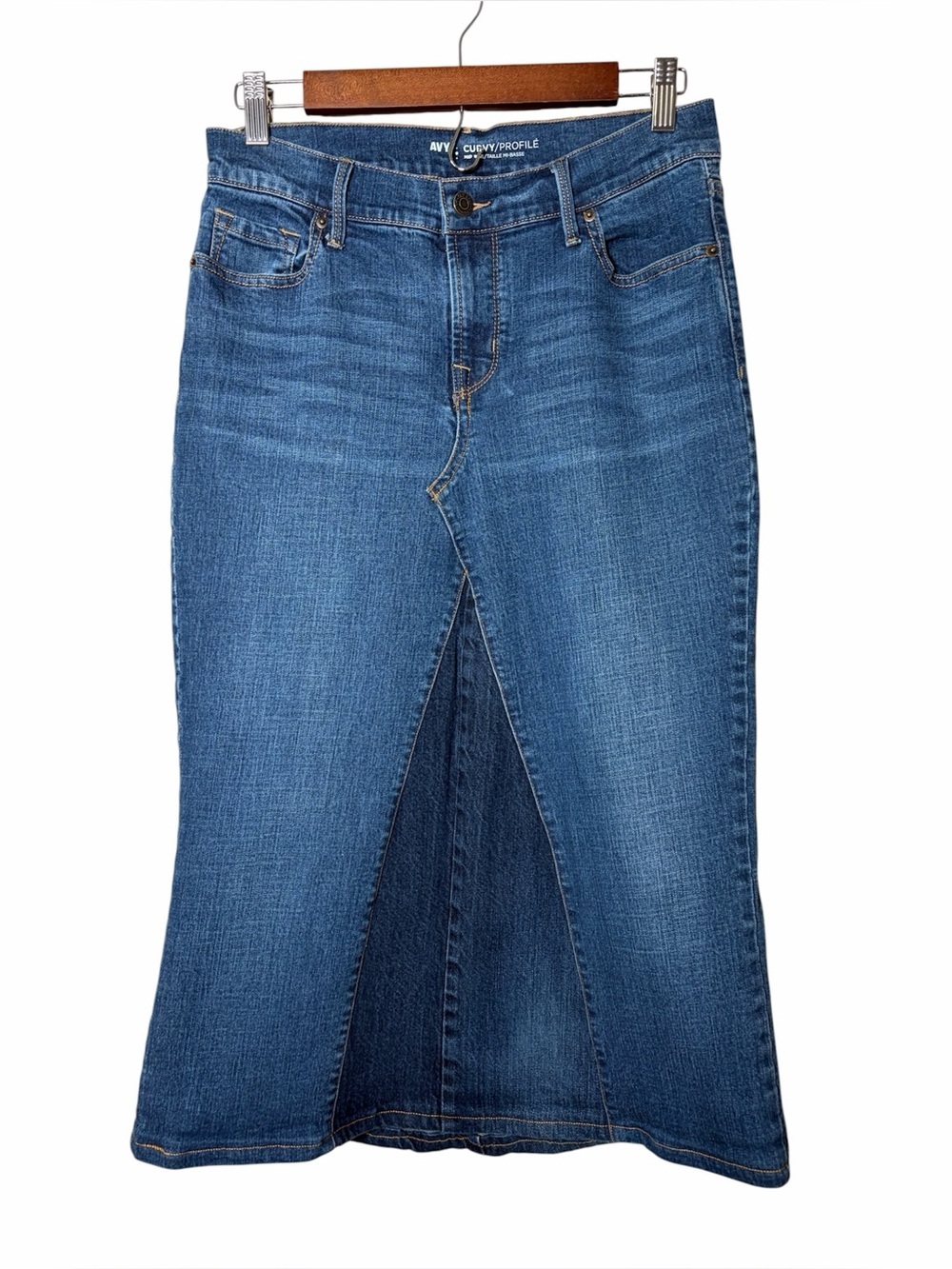 Old Navy Curvy Mid Rise Denim Midi Skirt Size 4 Short Patchwork Flare Inset